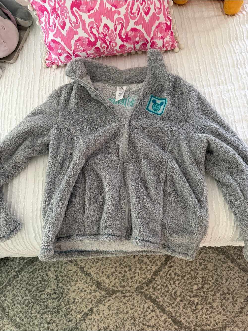 Disney Gray Plush Zip-Up Puffer Jacket with Teal Patch